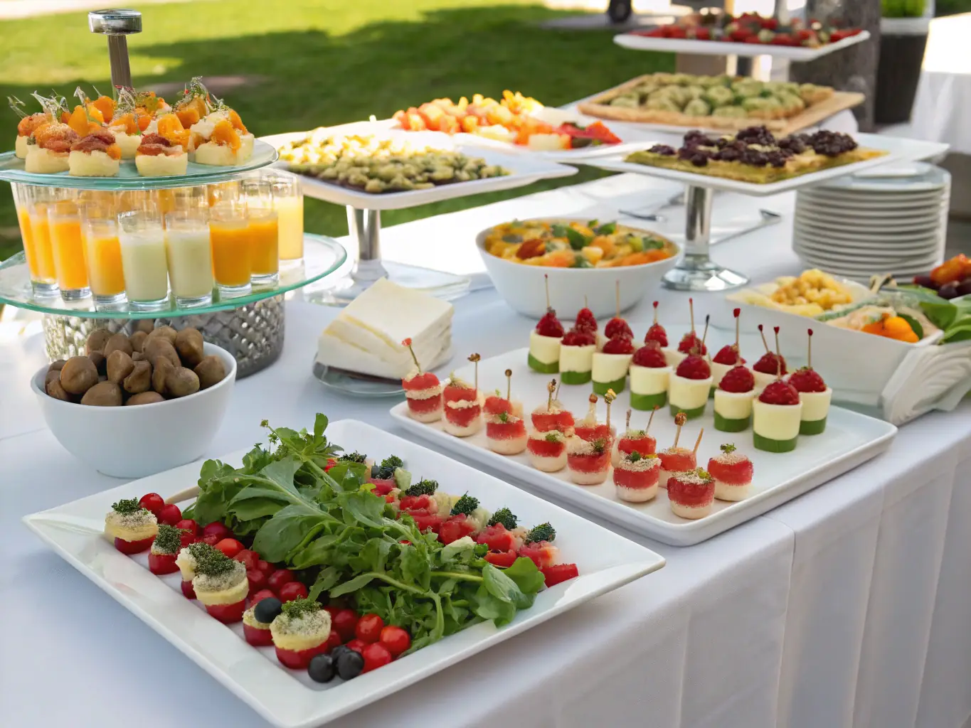 An image of a stylish catering setup with beverages and light snacks at an event.