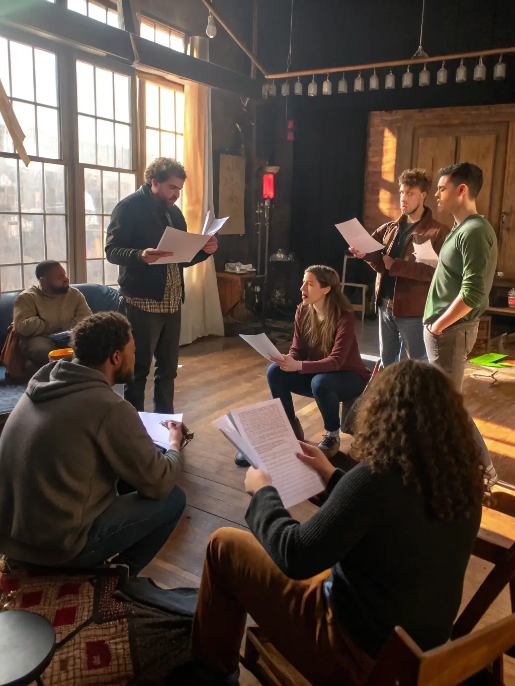 A captivating image of a theater workshop at ASSOCIATION PAARADOOBLE, featuring actors rehearsing a scene with creative costumes and props.