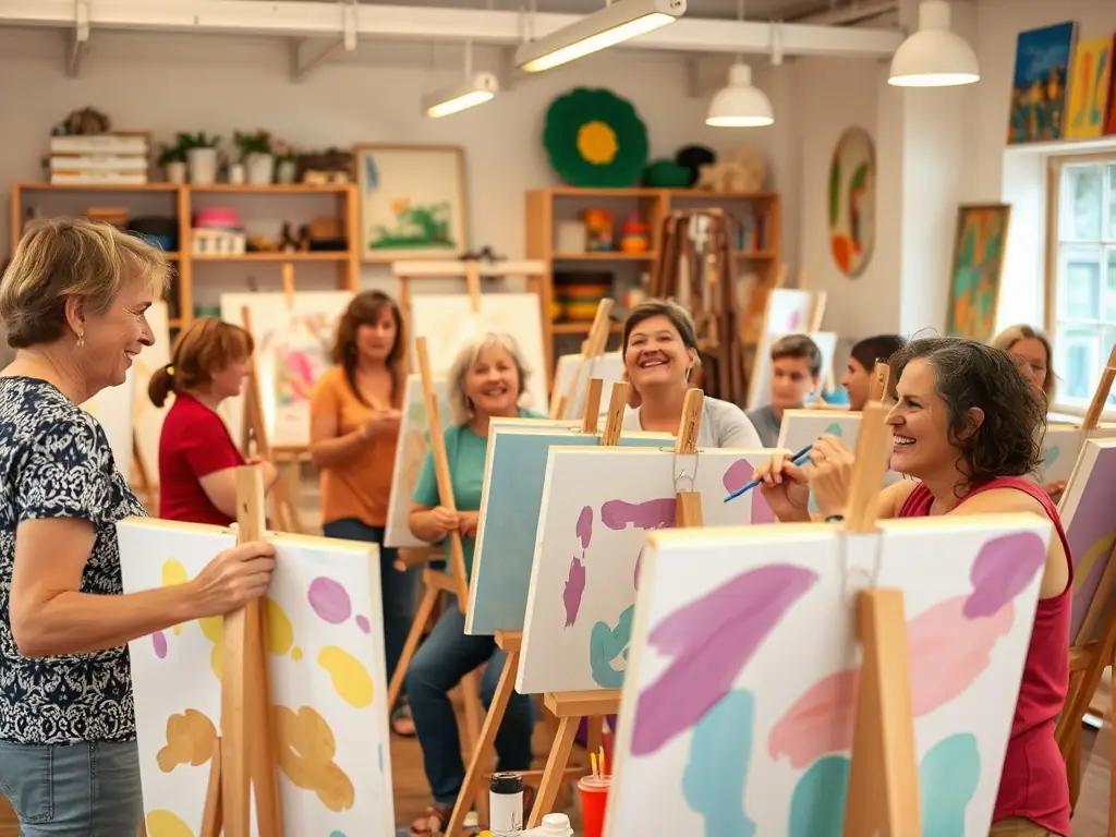 An image of participants engaged in a hands-on art workshop, with instructors guiding creative activities.