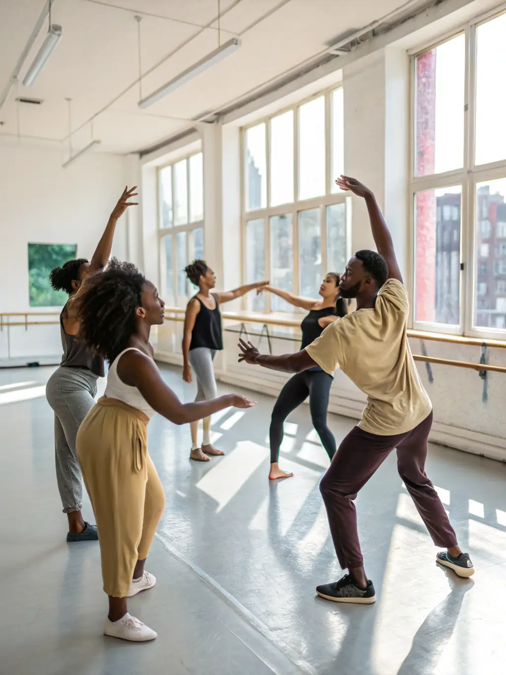 A dynamic photo of participants engaged in a dance workshop at ASSOCIATION PAARADOOBLE, led by an instructor in a spacious studio.